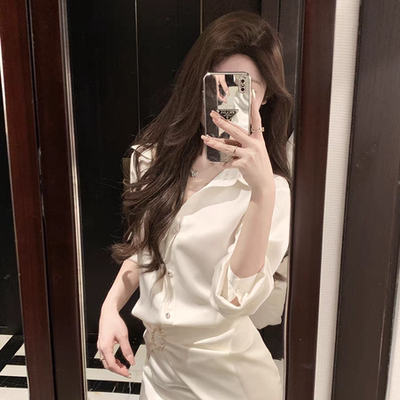 JustQin清野名宴24秋冬新款高级感白色长袖衬衫连衣裙女短裙