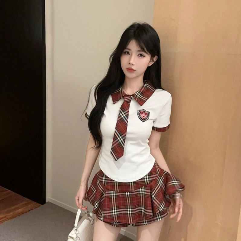 实拍实价 学院风套装女拼色polo领短袖T恤jk领带上衣高腰格子短裙,女装/女士精品,时尚套装,淘宝优惠券,粉丝福利购,淘宝优惠卷