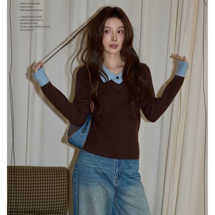 吵吵家秋冬棕色正肩内搭修身套头毛衣女polo领打底针织衫长袖上衣