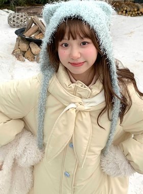 网图木茶MUCHA 奶黄小兔 长款棉衣棉服女冬季保暖加厚宽松外套-