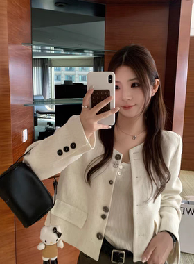 FCY studio白色无领休闲香风外套女2025秋季精致感短外套夹克