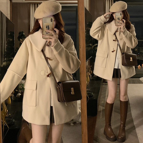 实拍牛角扣小个子新款娃娃领中长款毛呢夹棉加厚外套