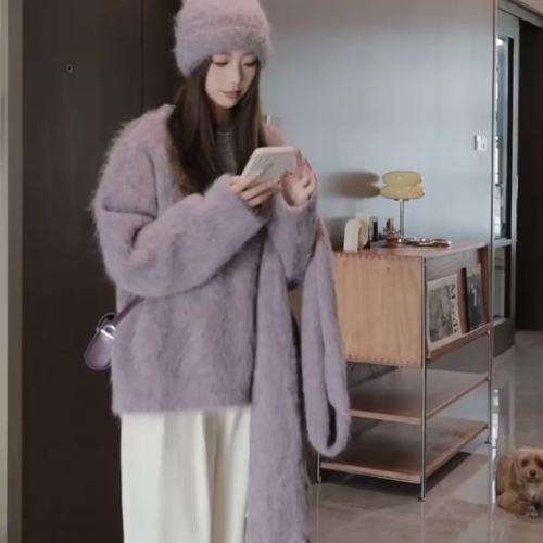 紫色马海毛慵懒套头毛衣女内搭宽松仿水貂绒圆领针织衫韩系上衣冬