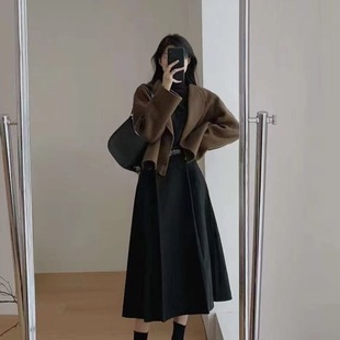 春季新款宽松气质百搭短款毛呢加厚呢子外套+中长半裙两件套