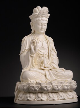 新品陶瓷18g吋古莲座观音菩萨仿古瓷大师周金田观世音像娑婆三圣