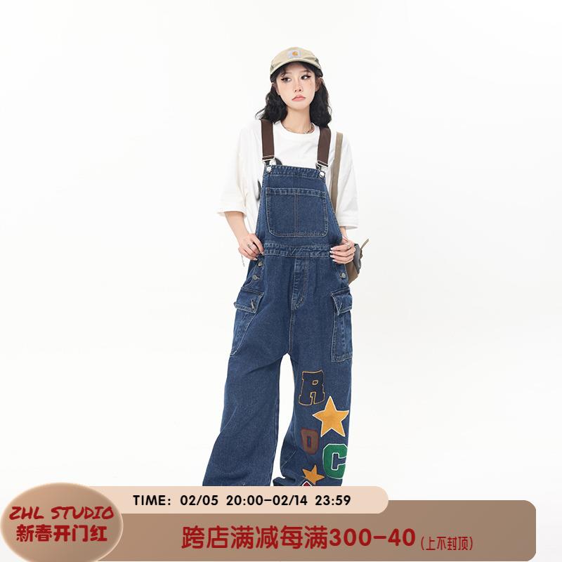 ZHL STUDIO 美式复古毛巾绣牛仔背带裤女春夏新款宽松休闲连体裤