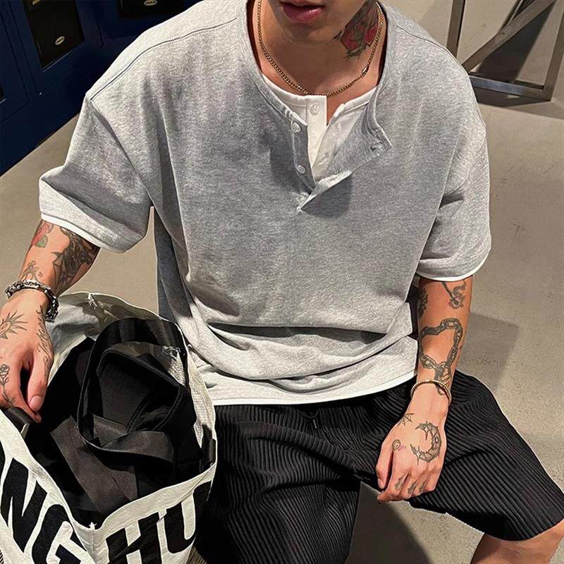 OXFREAK 「假两件亨利领」老钱风男装短袖t恤宽松半袖体恤潮牌感