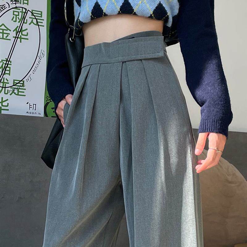灰色魔术贴阔腿裤女春秋慵懒垂坠感西装拖地裤子高腰显瘦直筒长裤