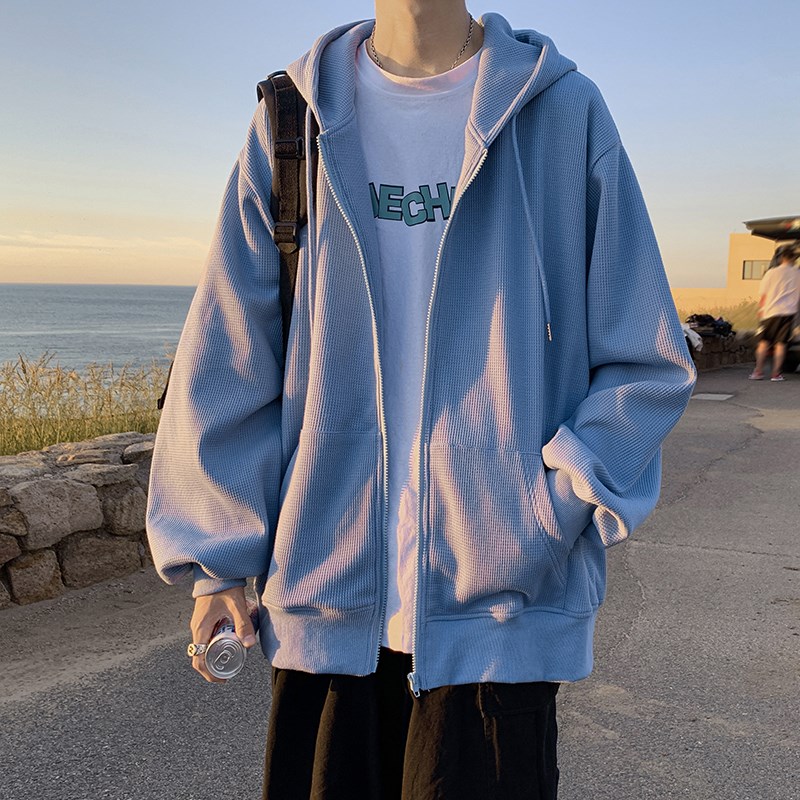 天蓝色奶系美式卫衣男连帽ovuersize开衫roora情侣装外套春秋季潮