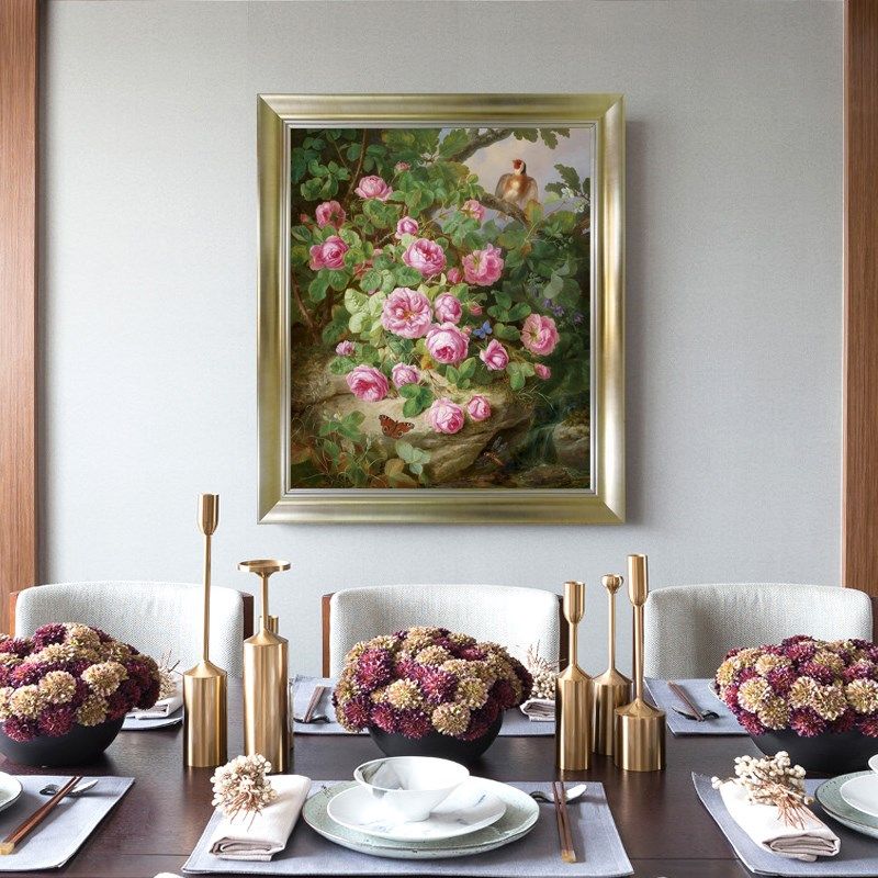 热销春之牡e丹玫瑰欧式美式餐厅花卉纯手绘油画古典蓝色青花瓷装