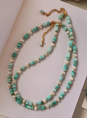 巴洛克异形淡水珍珠项链小清新绿色贝壳颈链女简约气质网红锁骨链