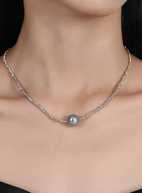 切花波光强光银灰珍珠项链配饰女秋冬小众百搭锁骨链串珠颈链饰品