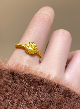 新中式沙金福字元宝钱币开口戒指女轻奢感指环小众设计配饰品