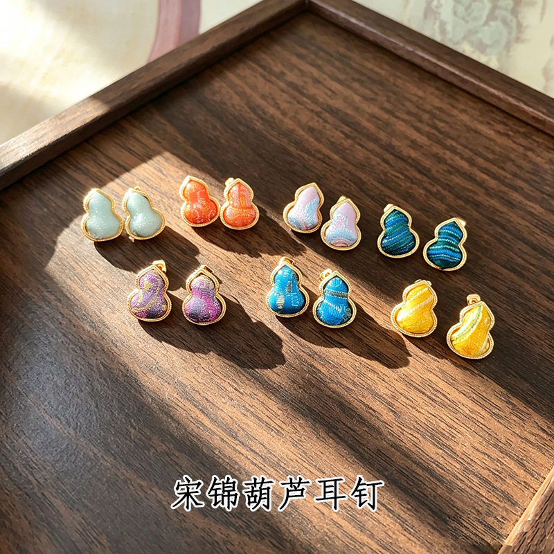 手工diy宋锦耳钉女新中式耳环925银针铜镀18k金耳饰汉服旗袍配饰