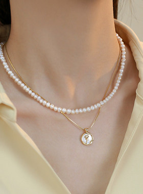 双层叠戴异形淡水珍珠项链女小众玫瑰花设计感吊坠颈链时尚锁骨链