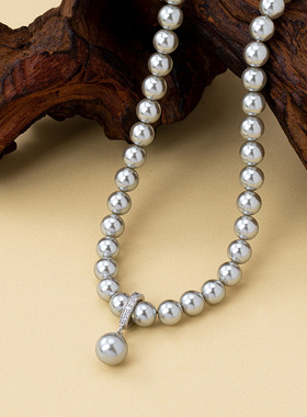 灰色施家海贝珠长款串珠项链女法式轻奢小众项链叠戴毛衣链多戴款