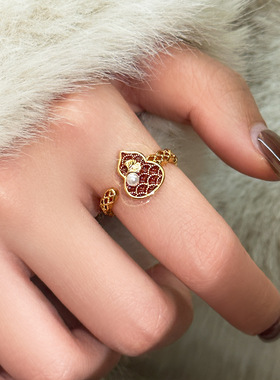 新中式红色花丝葫芦珍珠开口戒指女小众复古感食指戒气质指环