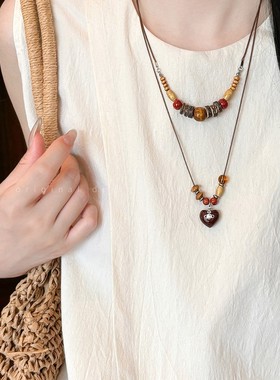 复古木质串珠吊坠项链女小众设计感民族风配饰时尚长款百搭毛衣链