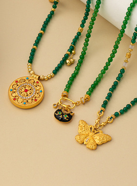 新中式古法罗盘蝴蝶珐琅猫咪吊坠项链天然石串珠气质百搭毛衣链