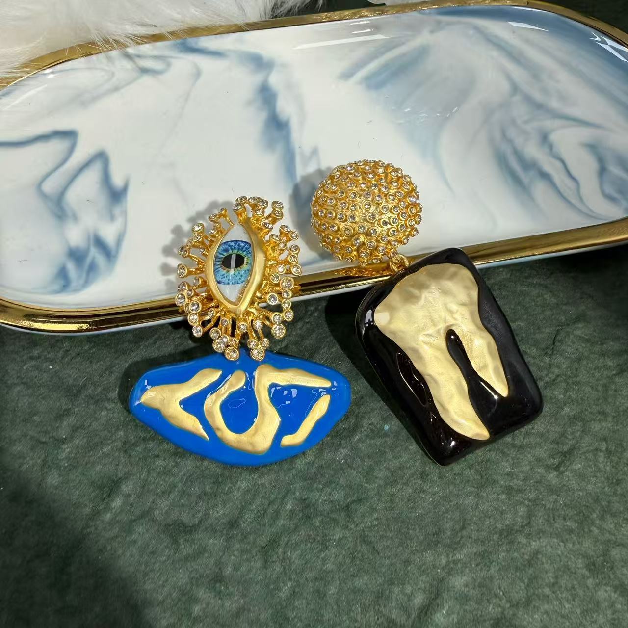 复古欧美夸张滴油浮雕牙齿镶钻耳环眼睛轻奢高级感耳坠跨境耳饰品