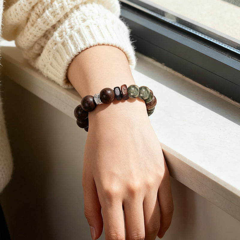 新中式S925纯银卷卷蛇金丝檀木云水晶手串男复古简约本命年手饰品