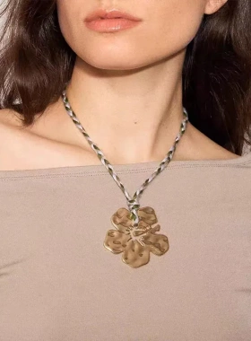 欧美小众设计扶桑花长款编绳项链彩色混搭手工编织绳复古锁骨链女