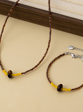 露思同款虎眼石串珠手链项链冬复古时尚气质毛衣链轻奢感套装