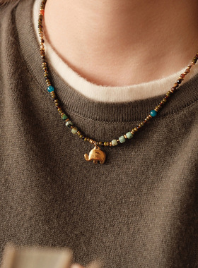 小象吊坠天然石串珠复古项链配饰女秋冬毛衣链轻奢感小众饰品