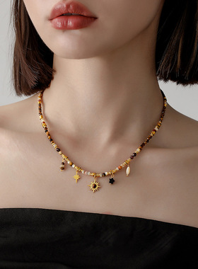 天然石串珠项链配饰女款锁骨链轻奢毛衣链秋冬感复古钛钢颈链