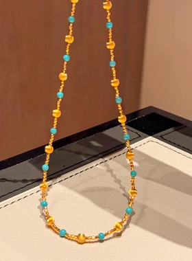 绿松石沙金猫眼球珠叠戴项链配饰女锁骨链轻奢感串珠颈链饰品