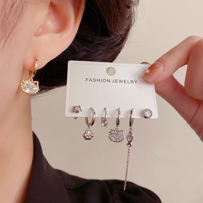 简约可爱卡通镶钻小猫链条鱼小众时尚套装耳扣时尚轻奢气质耳坠,饰品/流行首饰/时尚饰品新,耳环,淘宝优惠券,粉丝福利购,淘宝优惠卷