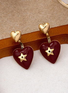 亚马逊速卖通货源欧美ins搭配款五角星星红色爱心滴油耳钉女