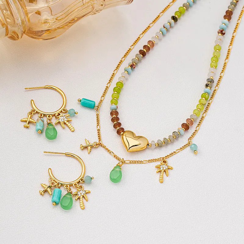 复古耳环项链套装天然石扁珠柠檬椰树爱心叠带时尚高级感耳环