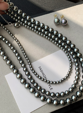 真多麻灰色叠戴珍珠项链配饰女款轻奢小众设计锁骨链串珠颈链饰品