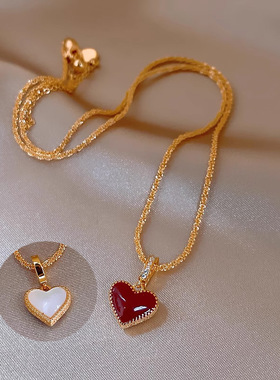 红色双面母贝爱心项链女配饰秋冬毛衣链轻奢感百搭锁骨链饰品