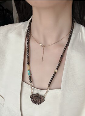 新品沉香牡丹花毛衣链锁r骨链配白水晶阴沉木和田玉菱镁矿桃木莲