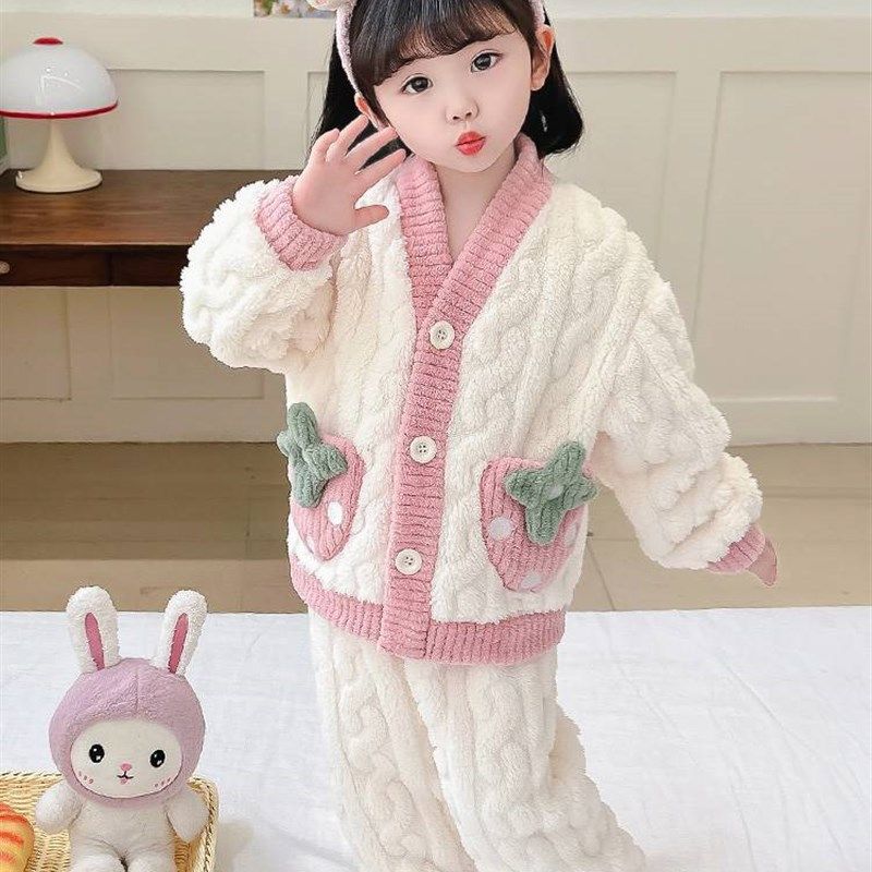 极速女童睡衣法兰绒秋冬t季儿童洋派珊瑚绒加绒女孩宝宝开衫家居