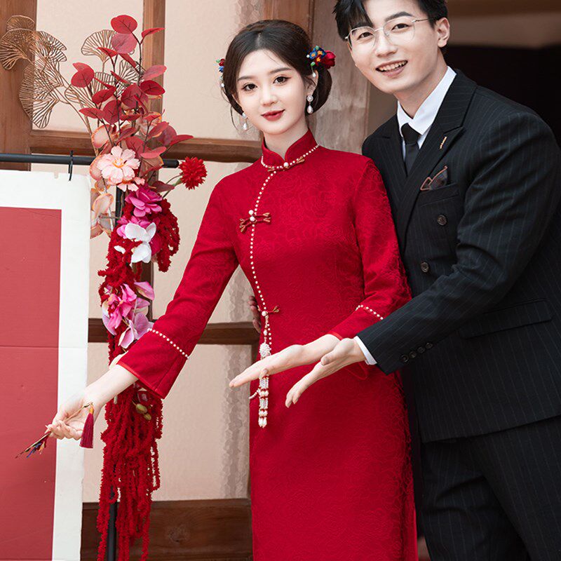 新品中国红改良旗袍带吊坠连衣裙敬酒服女秋季P新中式开叉新娘回