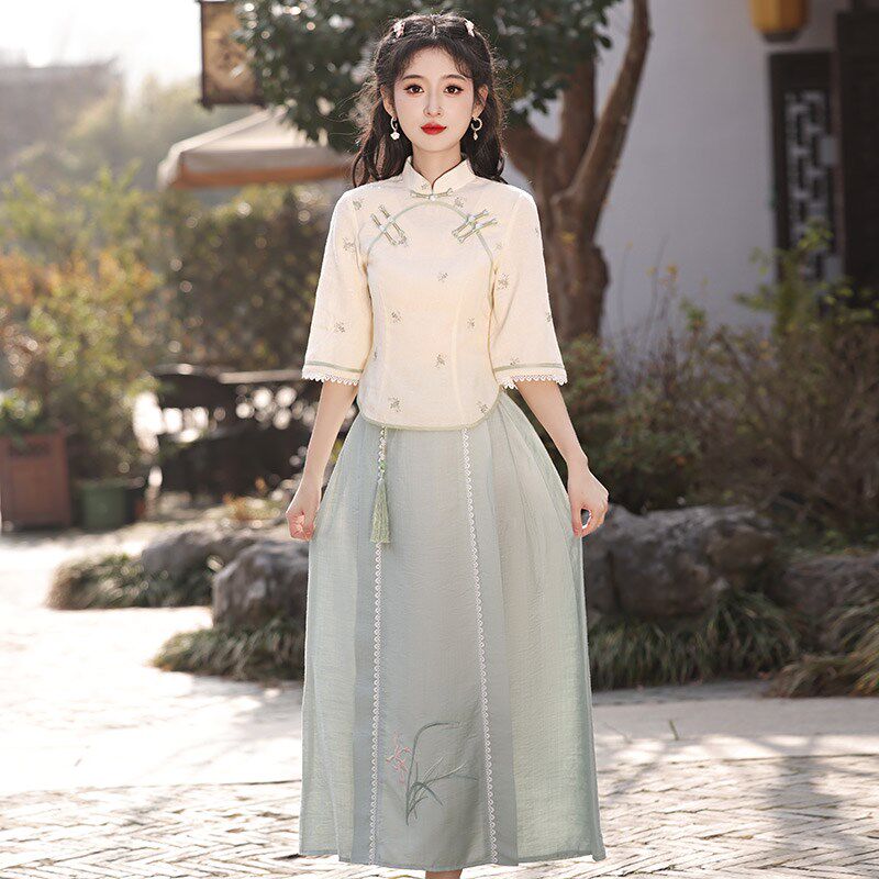 新品民国风e女装短款旗袍上衣复古中袖茶服唐装女中国风套装两件