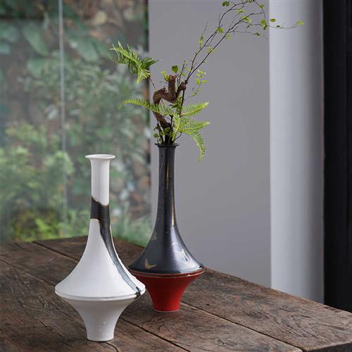 极速禅意复古新中式摆件插花器皿红黑F鎏金陀螺瓶花瓶花器桌面装