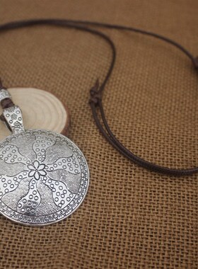 极速复古苗银圆形大吊坠t长款项链民族风腊绳百搭毛衣链简约时尚