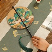 极速紫竹大d漆千里江山挂腰扇长柄流苏团扇中国风舞蹈扇便携可卷