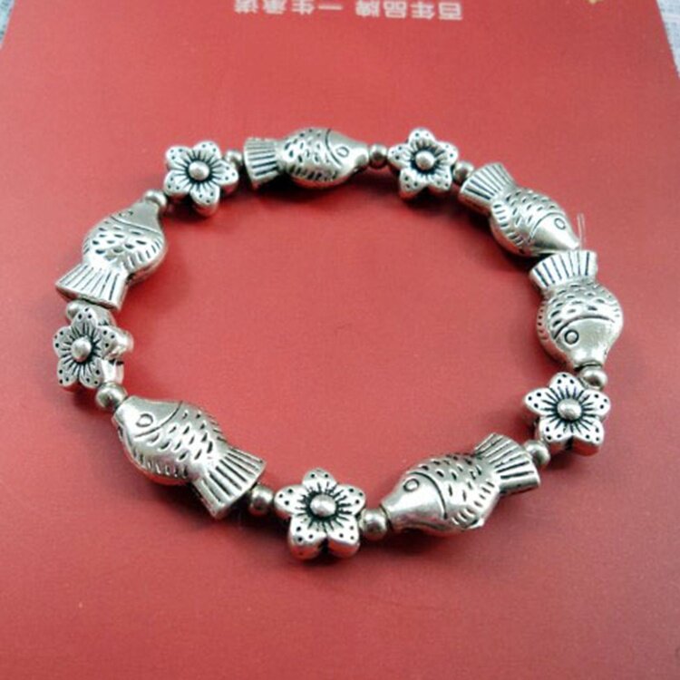 极速云南民族风饰品藏银鱼手串民族复古H首饰手链 苗银花朵手链女