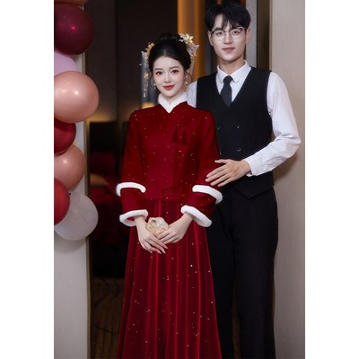 新中式国风套装红色敬酒服2025B新款过年冬季丝绒新娘结婚订婚礼