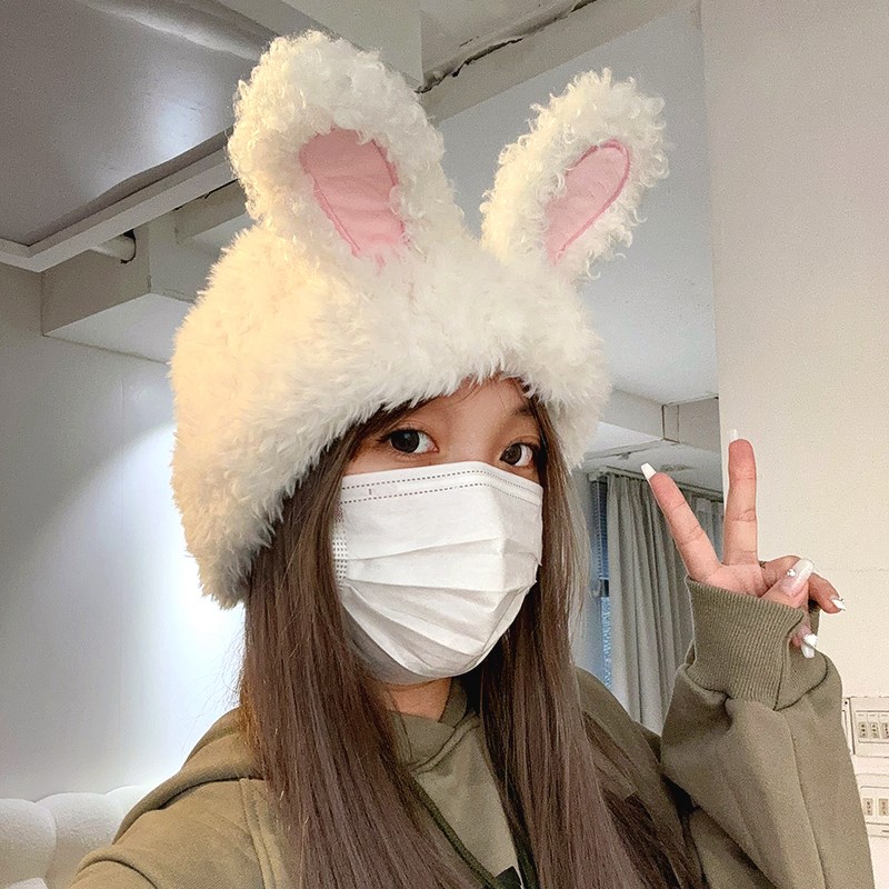 极速可爱毛绒兔耳朵n帽子冬季女款2023新款秋冬保暖防寒毛线加厚