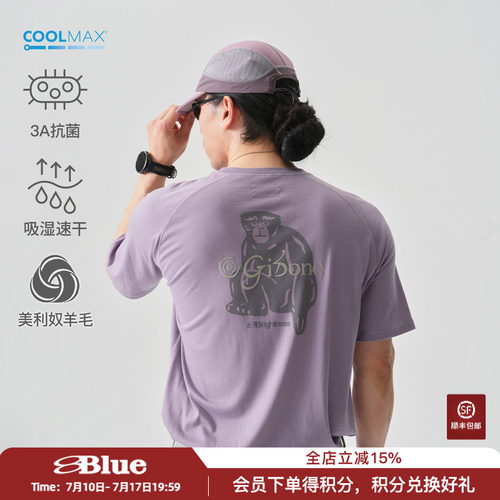 蓝岐美利奴羊毛COOLMAX吸湿速干攀岩短袖天行长臂猿印花抗菌T恤男