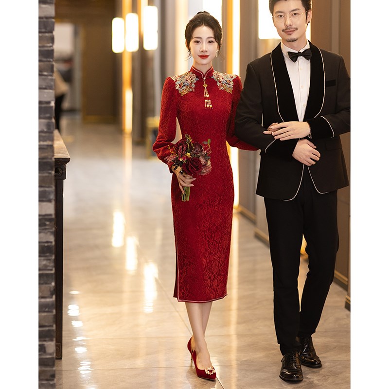 红色出阁旗袍女新中式冬季长袖小个子订J婚礼裙高端小众敬酒礼服
