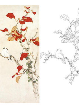 极速工笔画白描底稿实物q勾线打印稿-俞致贞红叶花鸟尺寸可选-JV3