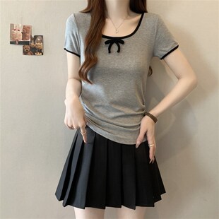 胖mm遮肚显瘦收腰设P计感小众独特别致短款 新品 t恤女夏季 短袖 大码