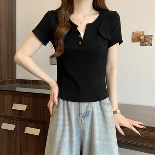 设计感不规则正肩短款 新品 显瘦修身 mt恤女夏大码 上 假两件v领短袖